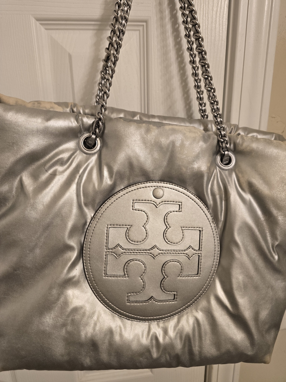 Tory Burch Metallic Silver Quilted Logo Tote with Chain Straps